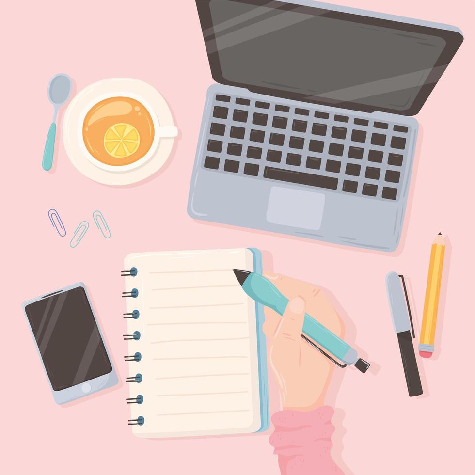 workspace office hand with pen laptop paper phone and tea cup, top view design vector