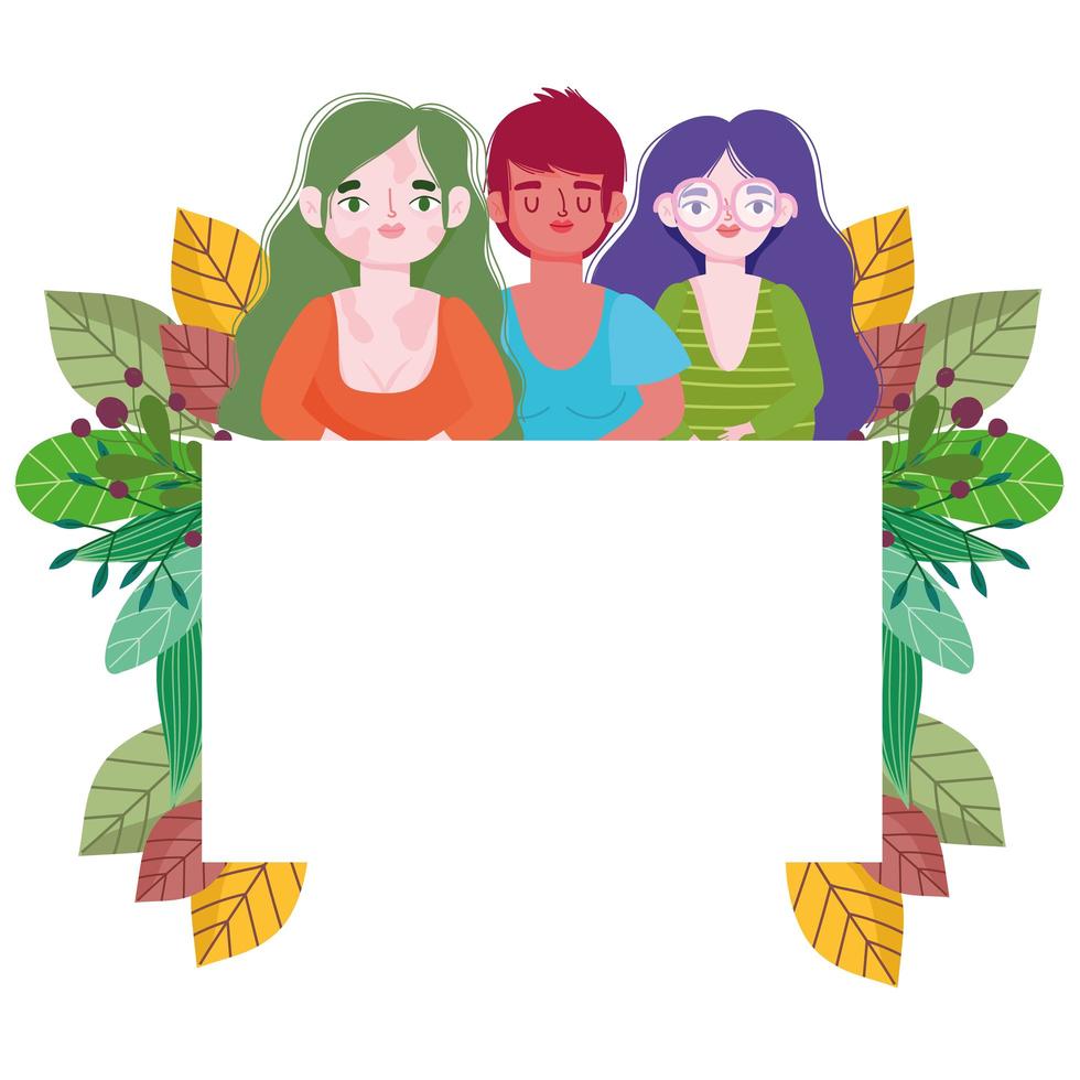 Perfectly imperfect diverse group female, empty banner and floral image vector