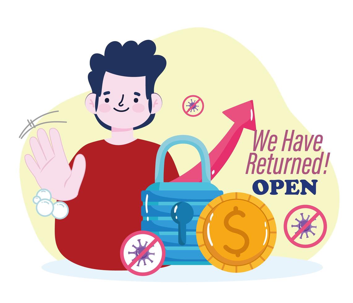 Reopening man money padlock stop covid 19 vector