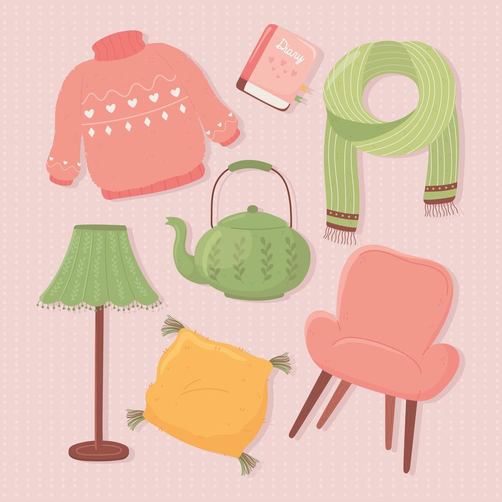 set icons lamp teapot sweater chair scarf, cartoon hygge style vector