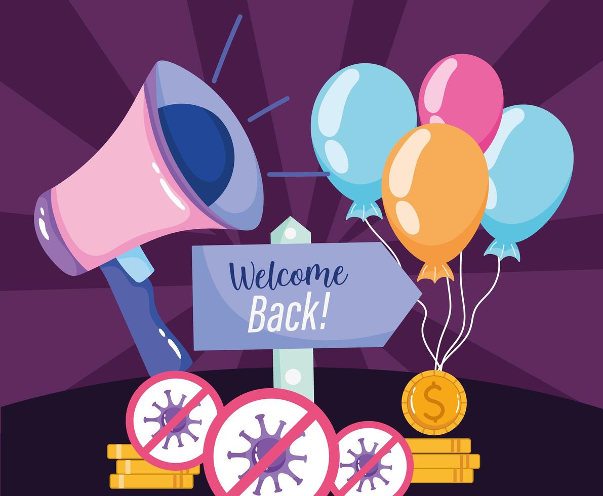 Reopening welcome back megaphone announce celebration vector