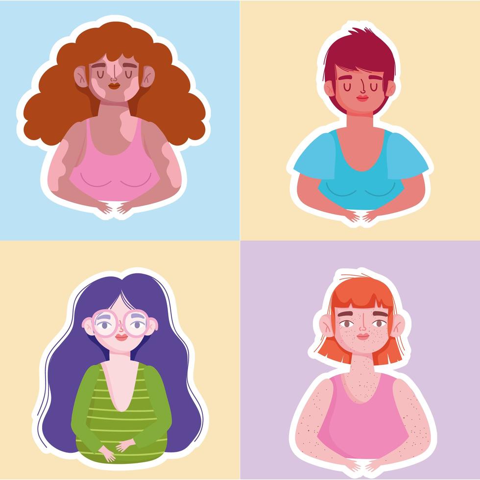 Perfectly imperfect, women portrait diverse characters vector