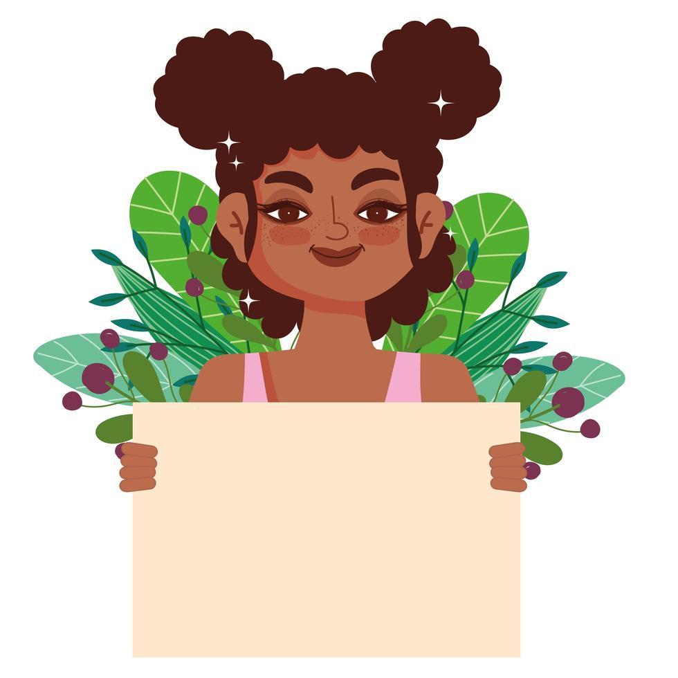 pelo rizado de niña negra, caricatura femenina afro con banner vector