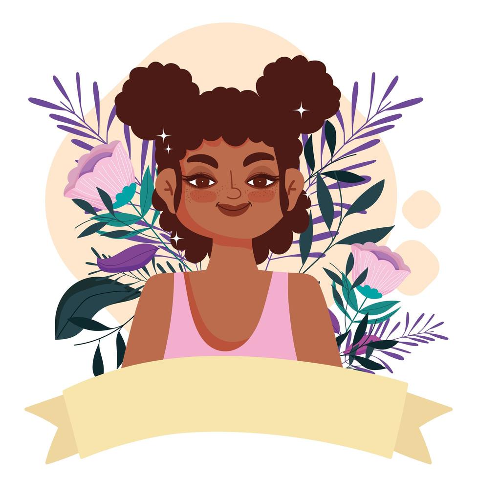 sonriente mujer afroamericana personaje dibujos animados flores vector