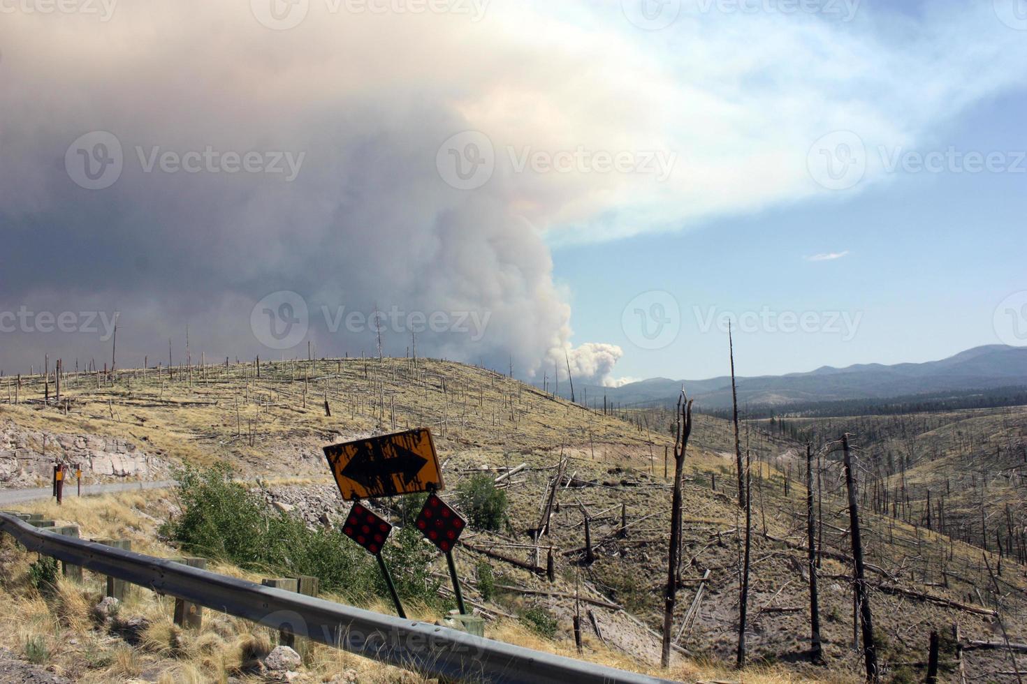 Billowing smoke from current Gila National Forest Johnson fire behind curved road sign in old burn photo