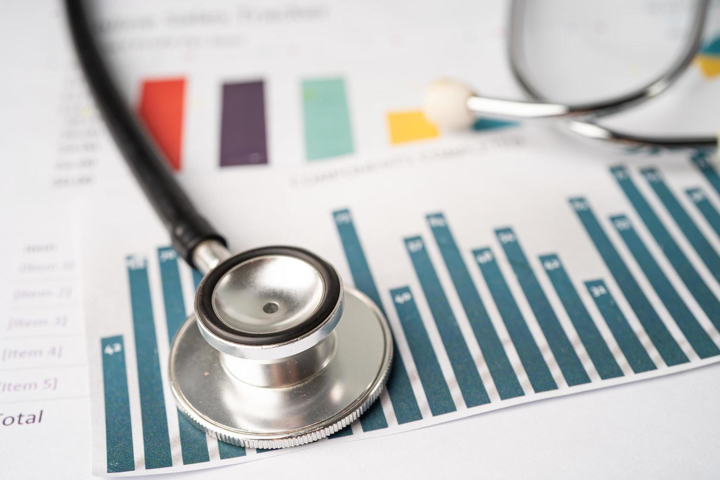 Stethoscope on charts and graphs paper, Finance, Account, Statistics, Investment, Analytic research data economy and Business company concept. photo