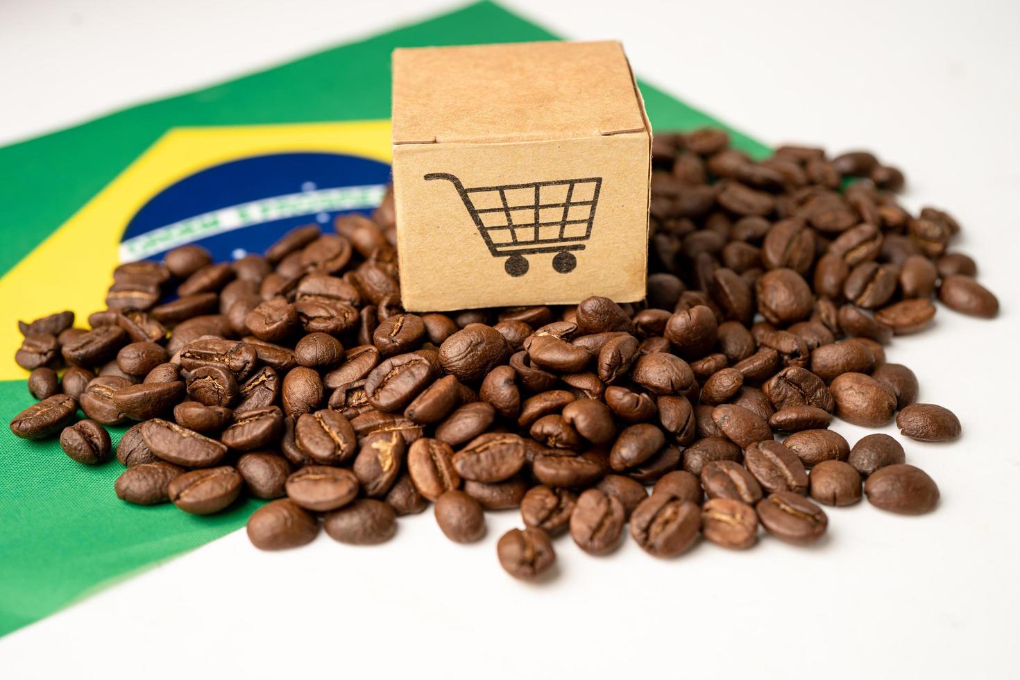 Coffee beans on Brazil flag import export drink food concept. photo