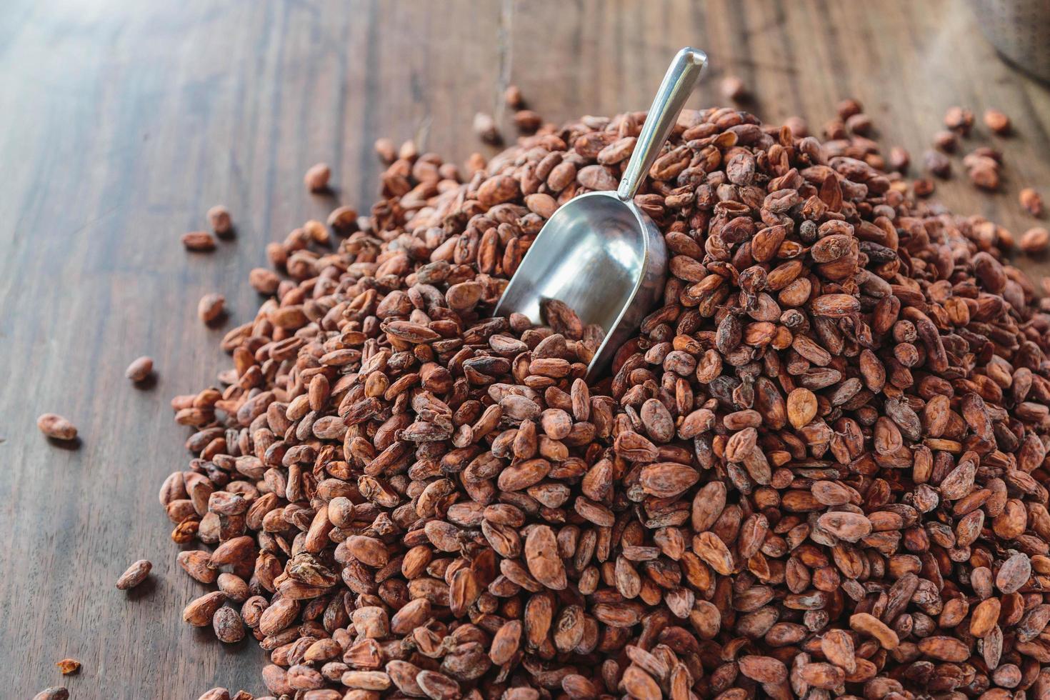 Granos de cacao crudo en una mesa de madera foto