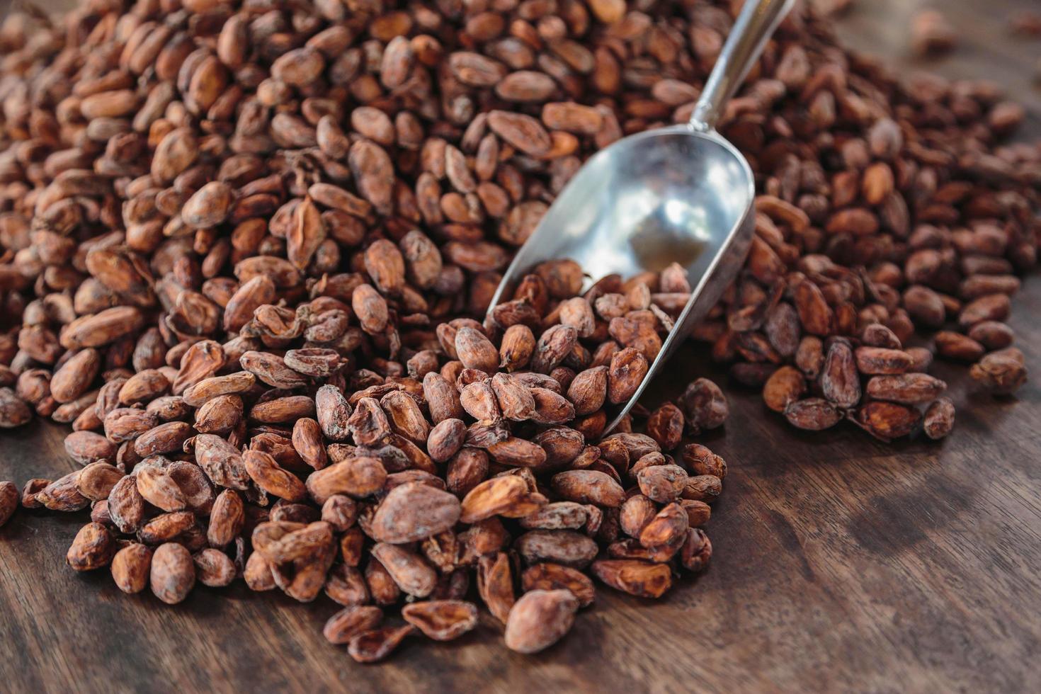 Granos de cacao crudo en una mesa de madera foto