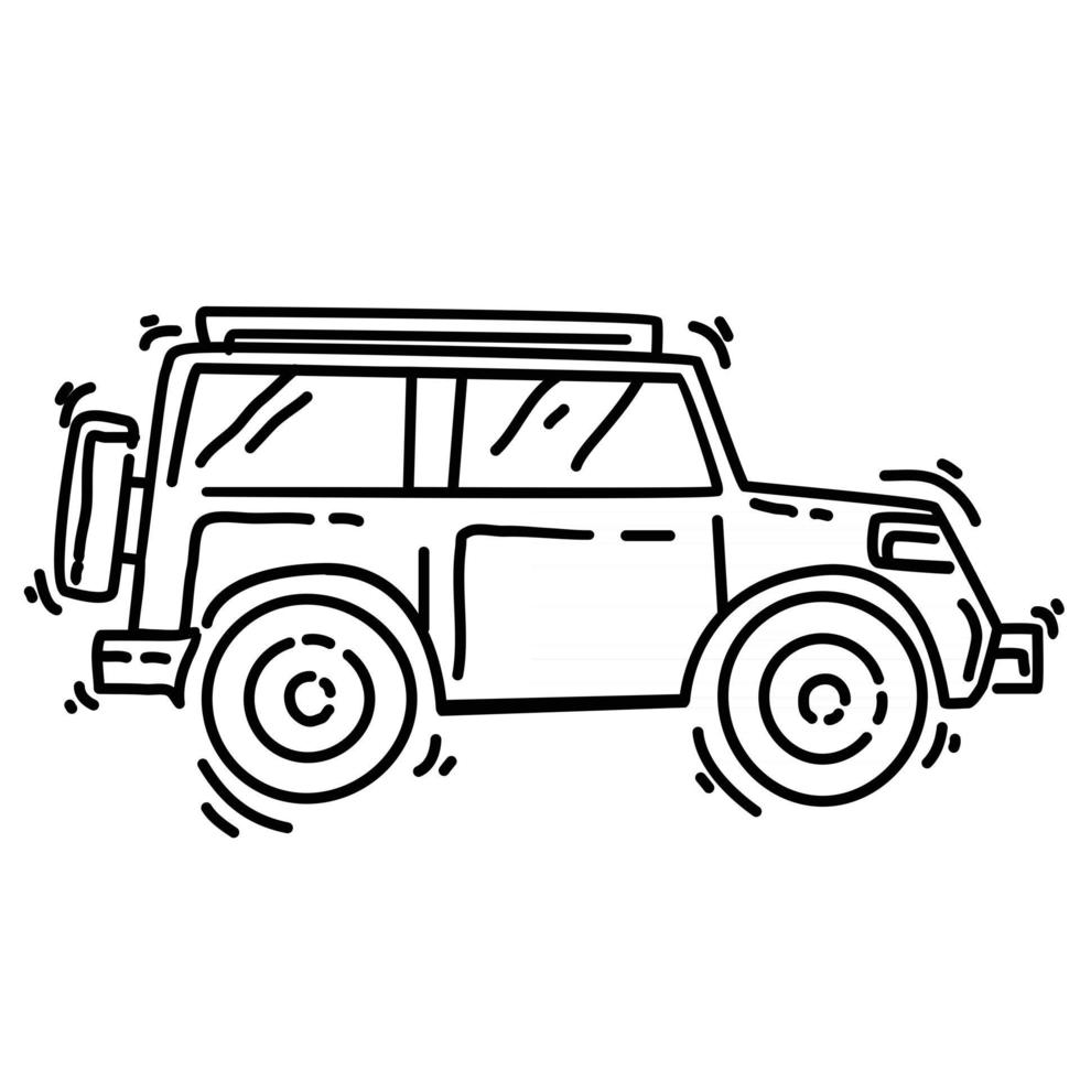 senderismo coche de aventura, viaje, viaje, camping. diseño de icono dibujado a mano, contorno negro, icono de doodle, vector