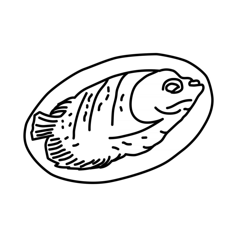 icono de pescado a la parrilla ikan bakar. Doodle dibujado a mano o estilo de icono de contorno vector