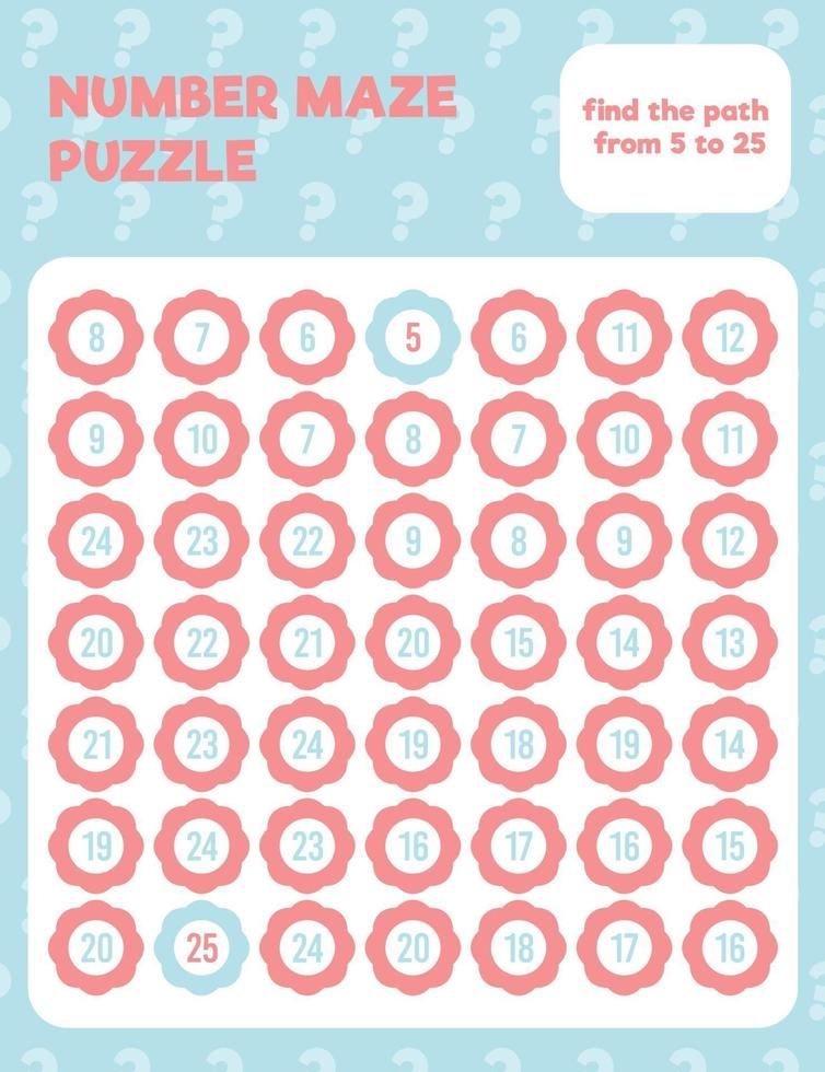 Math number maze puzzle. Prinatble math worksheet page. vector