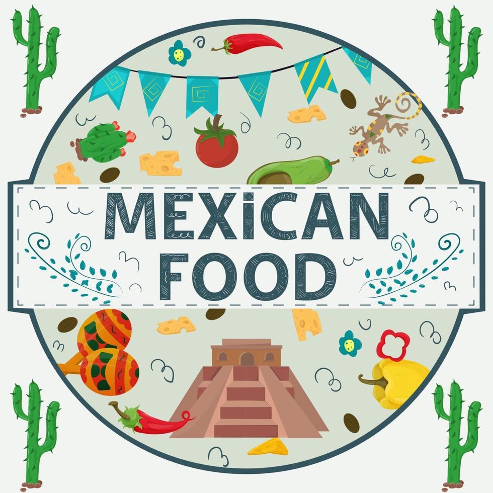 etiqueta de banner redonda ilustración en un diseño plano sobre el tema de la inscripción de comida mexicana nombre pirámide de indios ají tomate y queso en un círculo vector