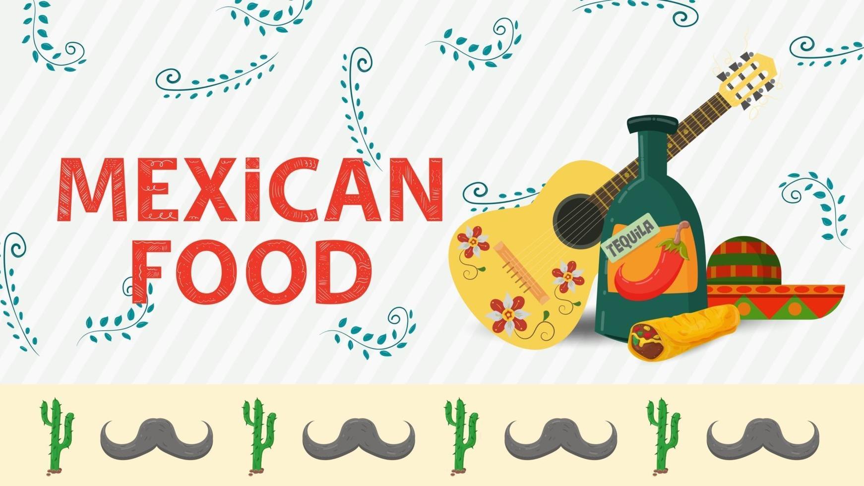 Ilustración de banner para un diseño en un estilo plano sobre el tema de la comida mexicana inscripción nombre guitarra una botella grande de tequila y un sombrero sombrero vector