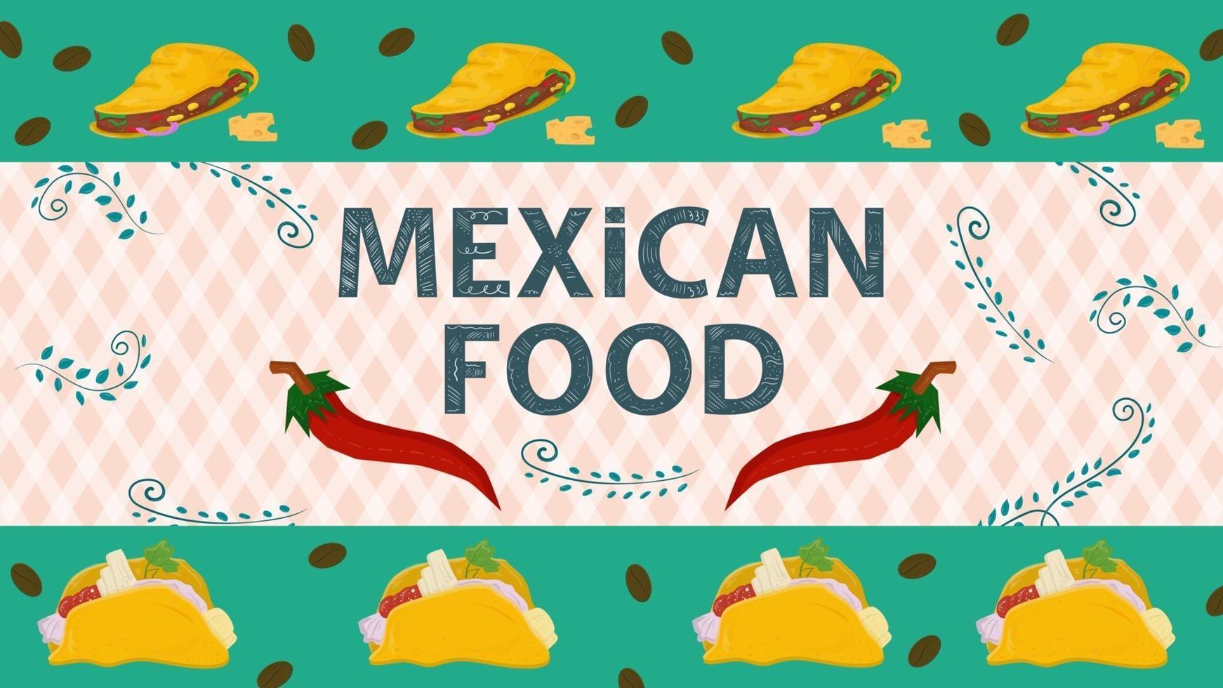 Ilustración de banner para un diseño en un estilo plano sobre el tema del nombre de inscripción de comida mexicana con pimiento rojo sobre un fondo de ramitas y hojas vector