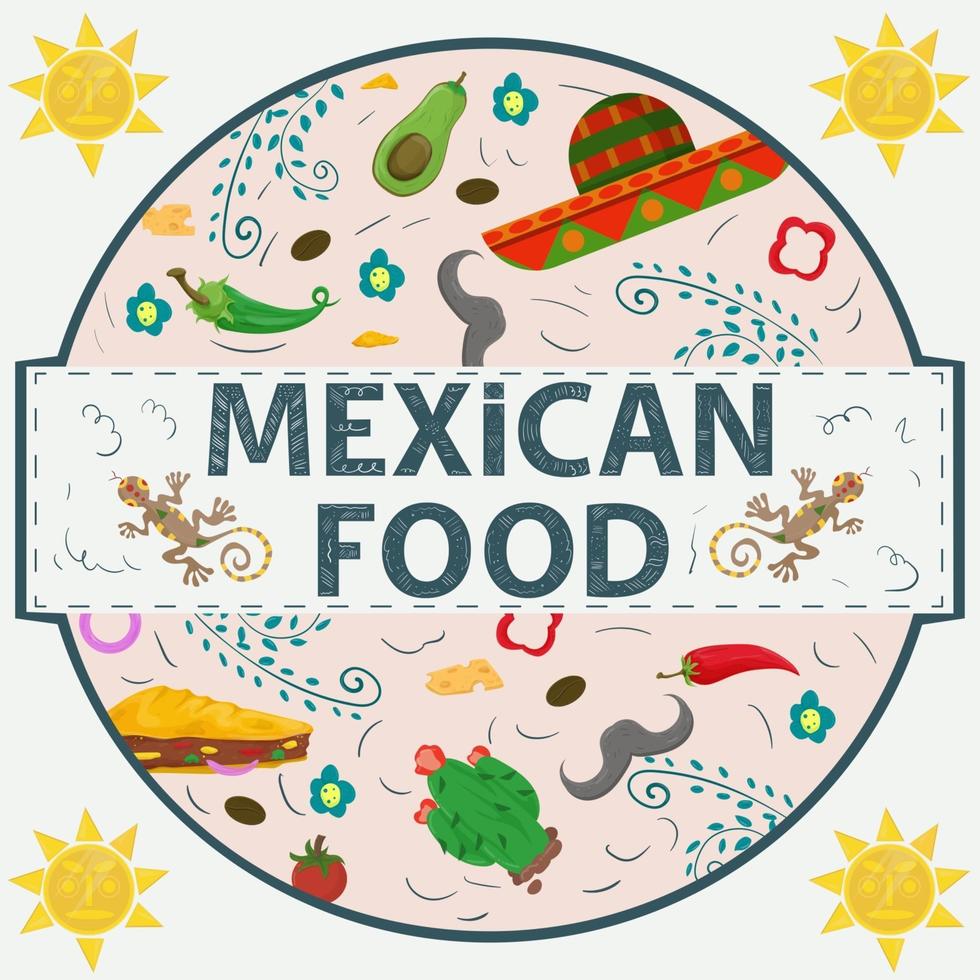 etiqueta de banner redonda ilustración en un diseño plano sobre el tema de la comida mexicana inscripción nombre todos los elementos de la comida pimiento tortilla taco cactus ramitas y sombrero sombrero en un círculo vector