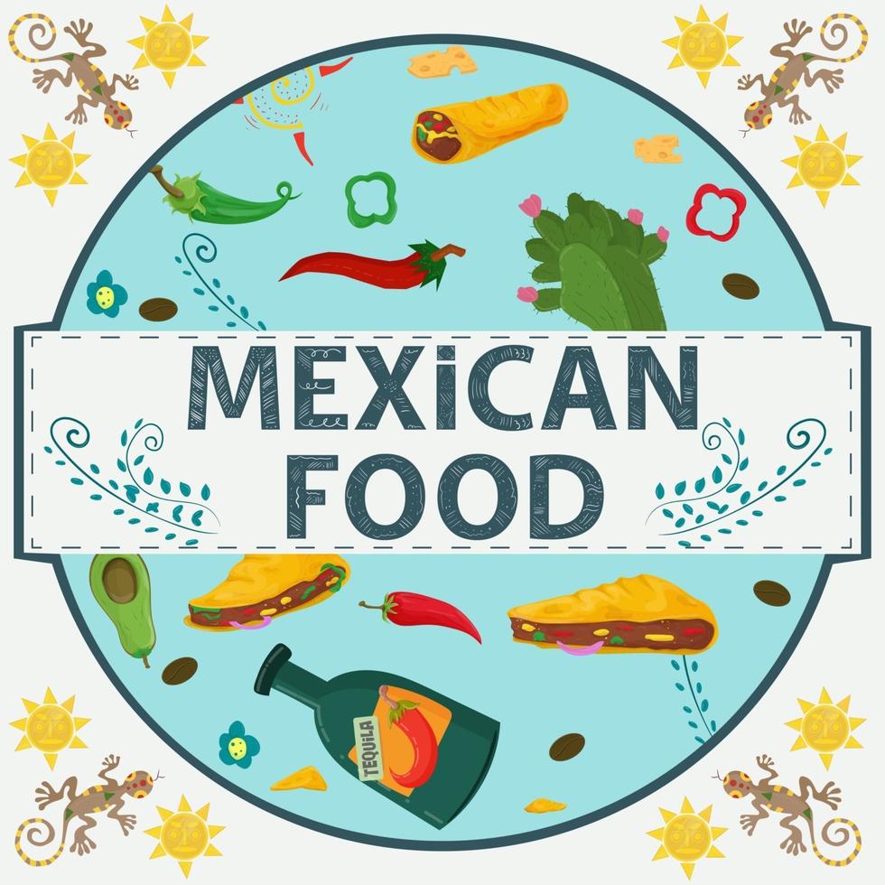 banner etiqueta redonda ilustración en un diseño plano sobre el tema de la comida mexicana inscripción nombre todos los elementos de comida pimienta tortilla taco bebida tequila cactus en un círculo vector