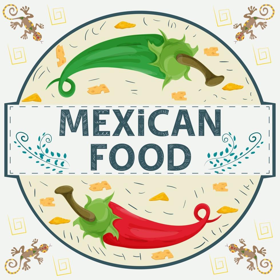 Etiqueta de banner redonda ilustración en un diseño plano sobre el tema del nombre de inscripción de comida mexicana rojo y verde pimiento picante en un círculo vector