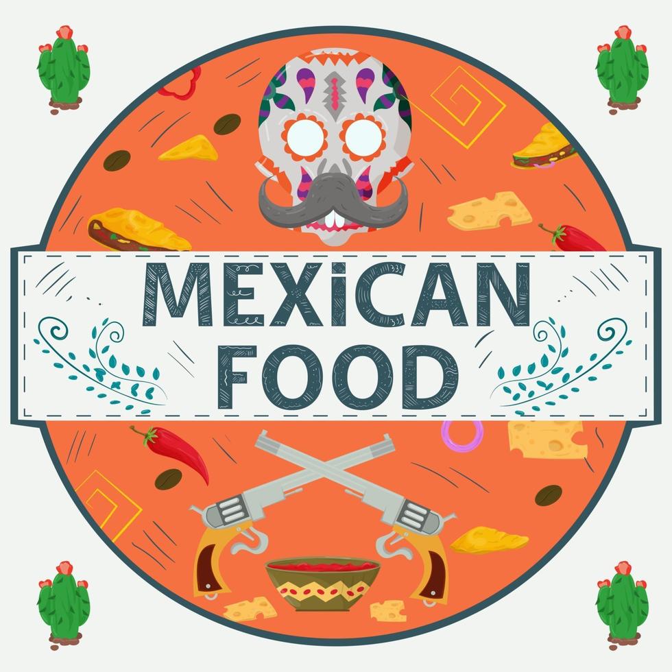 etiqueta de banner redonda ilustración en un diseño plano sobre el tema de la inscripción de comida mexicana nombre calavera pistolas con salsa picante queso ají en un círculo vector