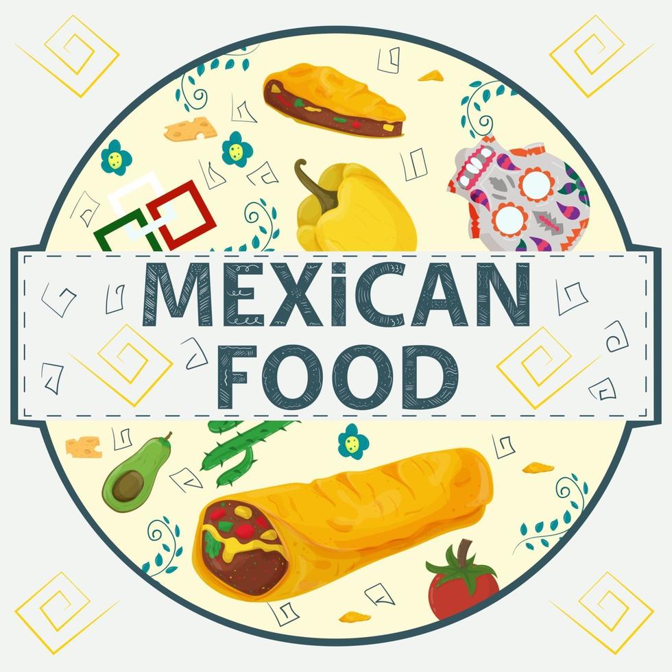 banner etiqueta redonda ilustración en un diseño plano sobre el tema de la comida mexicana inscripción nombre todos los elementos de la comida pimiento tortilla taco y burrito cactus pimiento dulce en un círculo vector