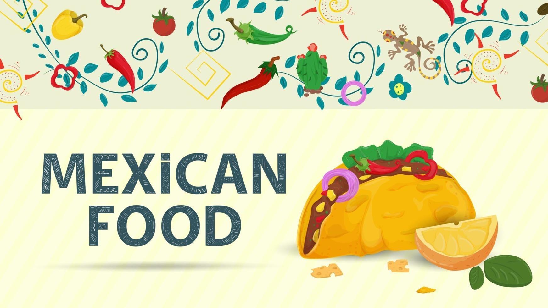 Ilustración de banner para un diseño en un estilo plano sobre el tema de la comida mexicana, el nombre de la inscripción y una tortilla de taco grande con relleno y una rodaja de limón. vector