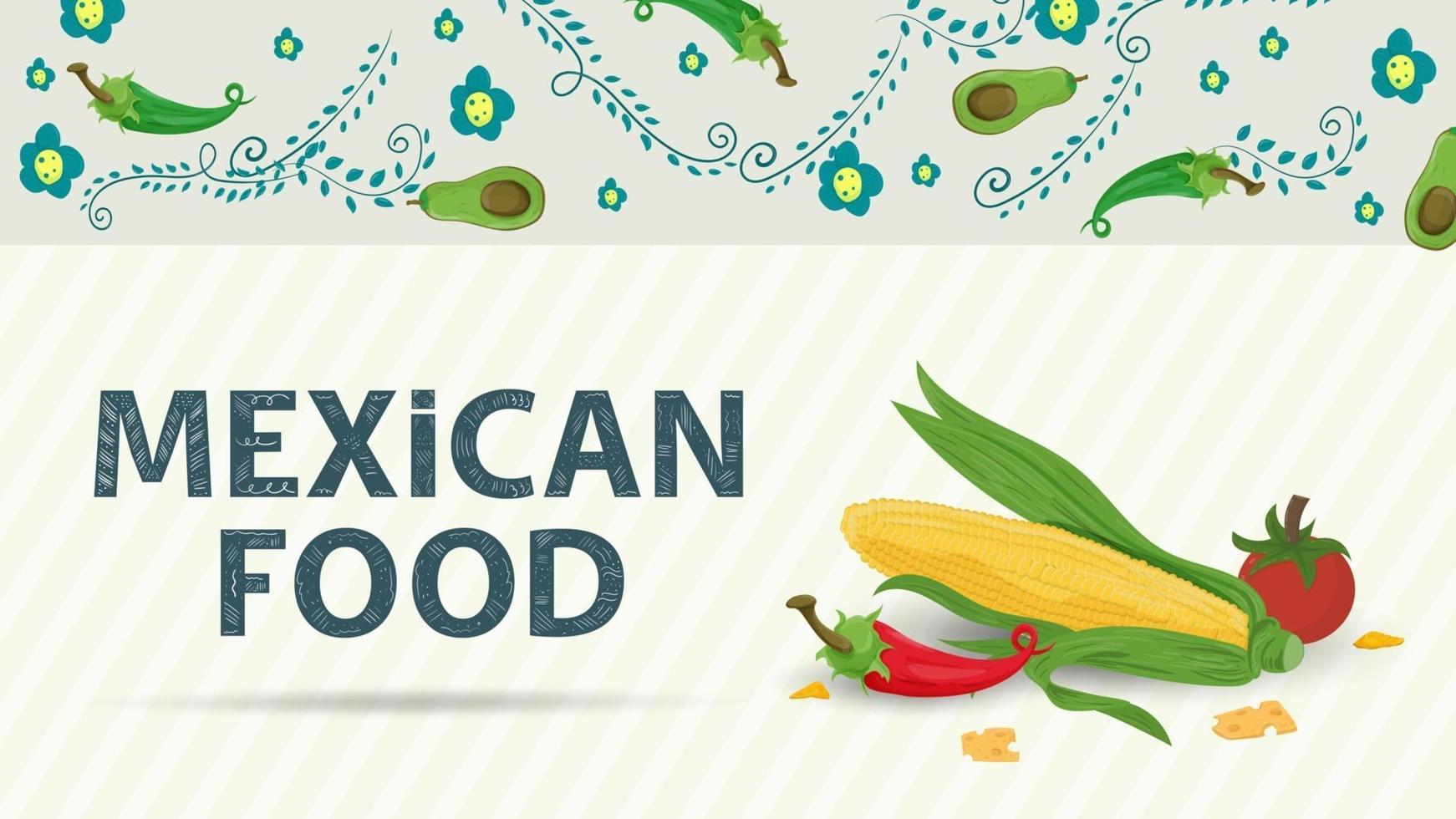 Ilustración de banner para un diseño en un estilo plano sobre el tema de la inscripción de comida mexicana nombre maíz maíz pimiento rojo y tomate vector