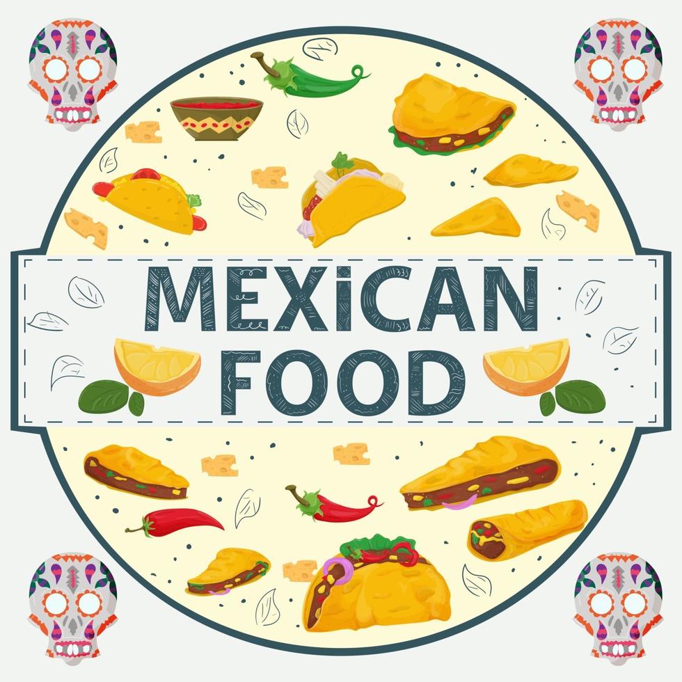 banner etiqueta redonda ilustración en un diseño plano sobre el tema de la comida mexicana inscripción nombre todos los elementos de la comida diferentes tortillas tacos y burritos pimiento picante en un círculo vector