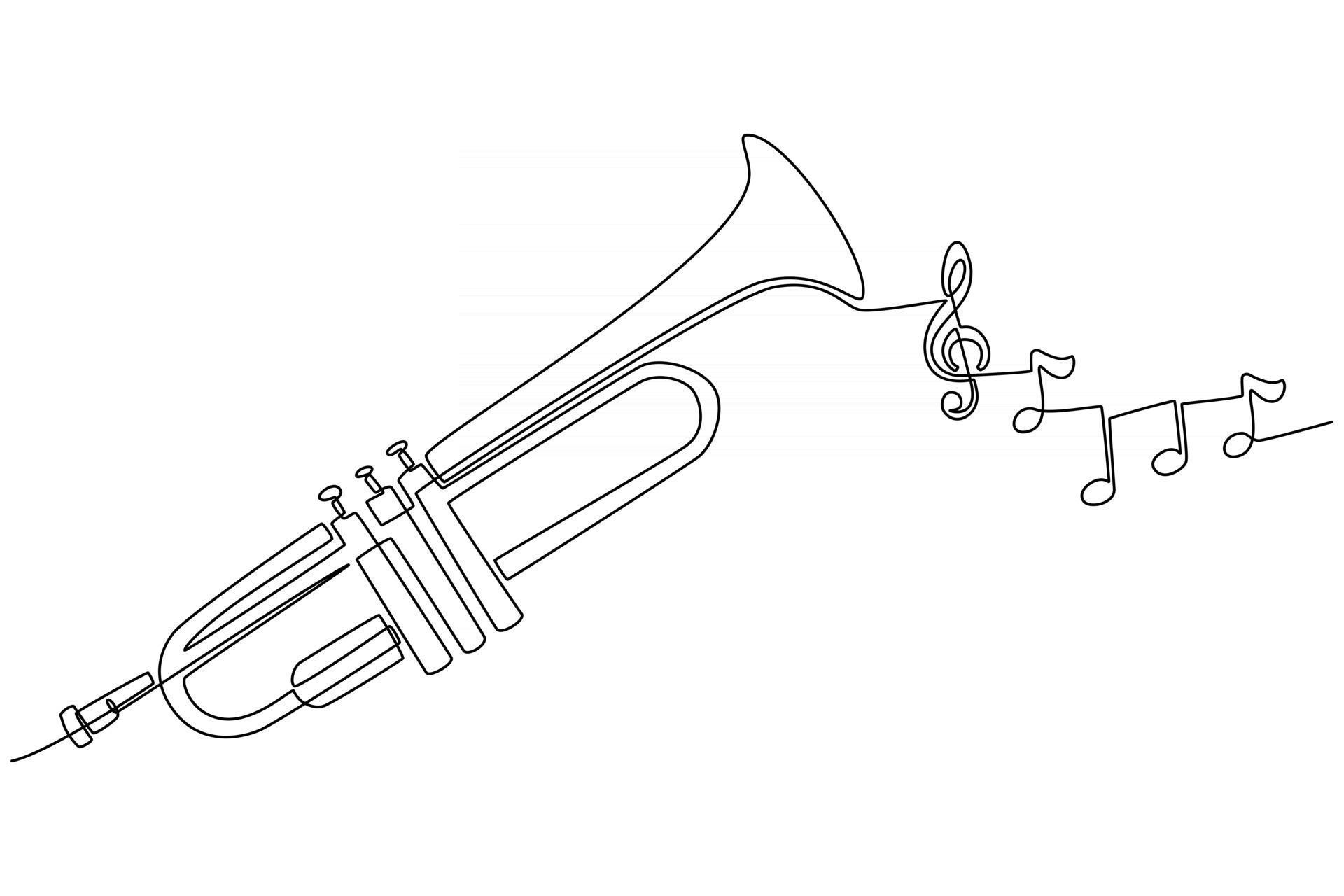 Continuous line drawing of a trumpet musical instrument with instrument