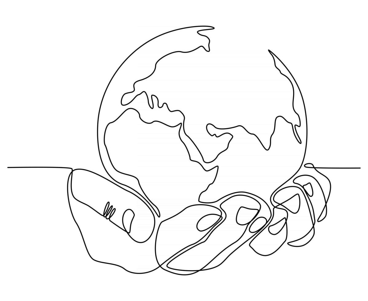 continuous line drawing of a hand with a globe vector illustration