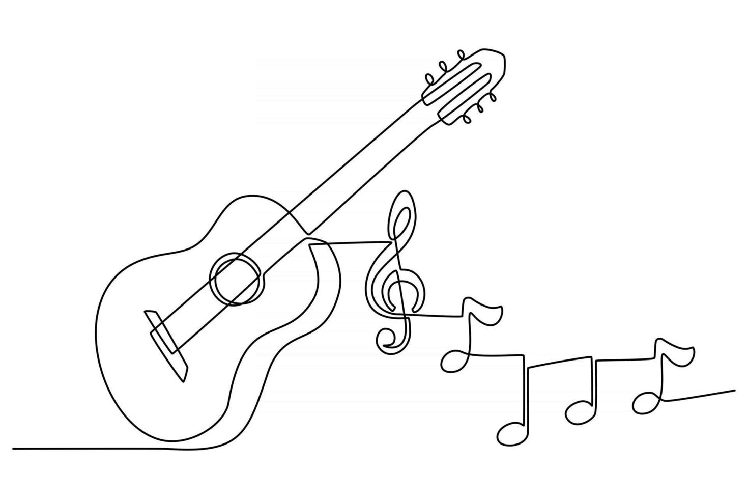 continuous line drawing of a guitar musical instrument with instrument notes vector illustration