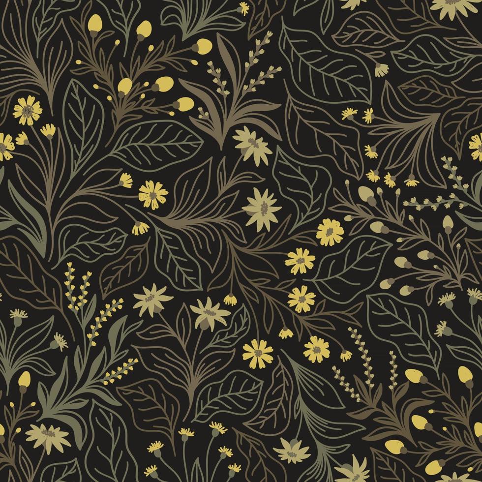 Dark brown seamless background with purple flowers and leaves vector