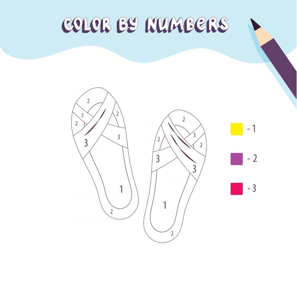 Coloring page with cute sandals. Color by numbers. Educational kid game, drawing childrens activity, printable worksheet. vector