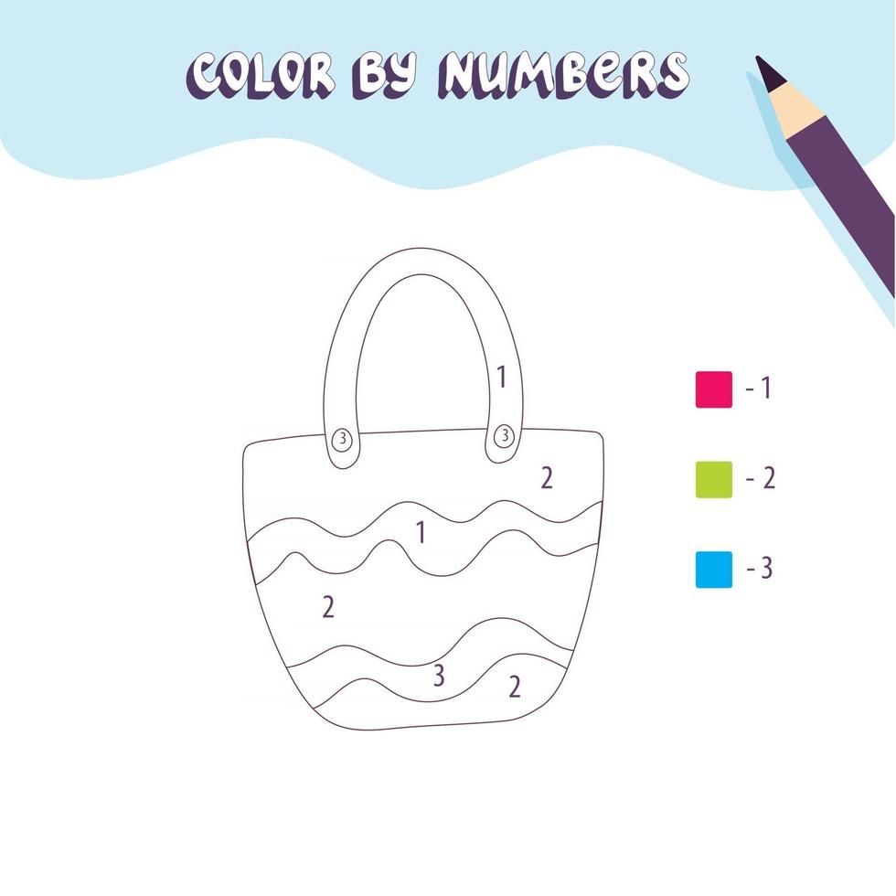 Página para colorear con lindo bolso de compras. colorear por números. juego educativo para niños, dibujo de actividades para niños, hoja de trabajo imprimible. vector