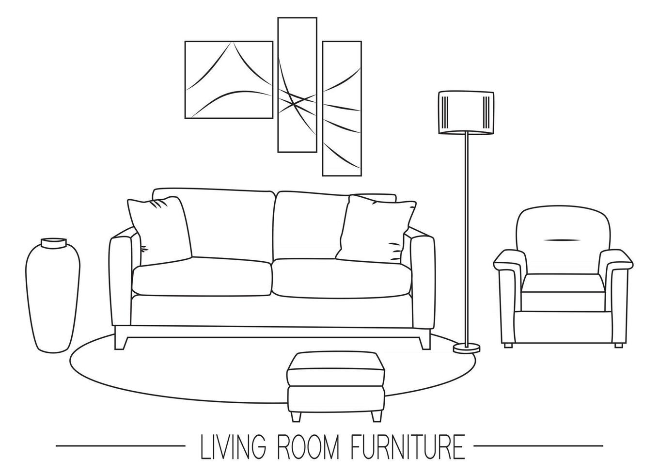 Illustration of modern living room with different furniture. Vector line template. Banner or flyer concept for furniture shop.