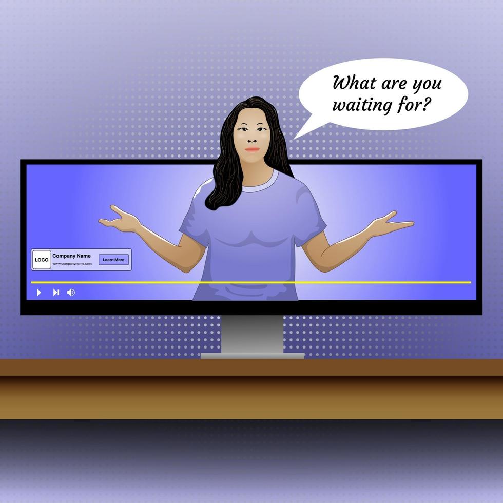 illustration of advertising on social media with woman and monitor on the table vector