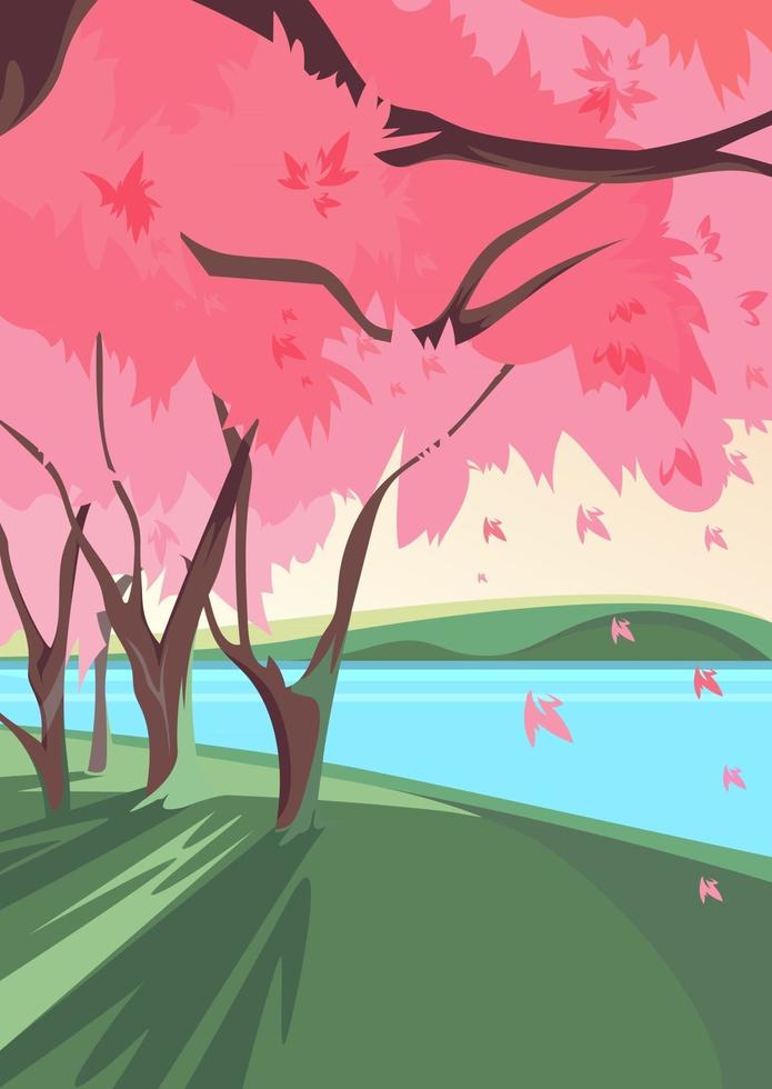 Blooming sakura on river bank. Nature landscape in vertical orientation. vector