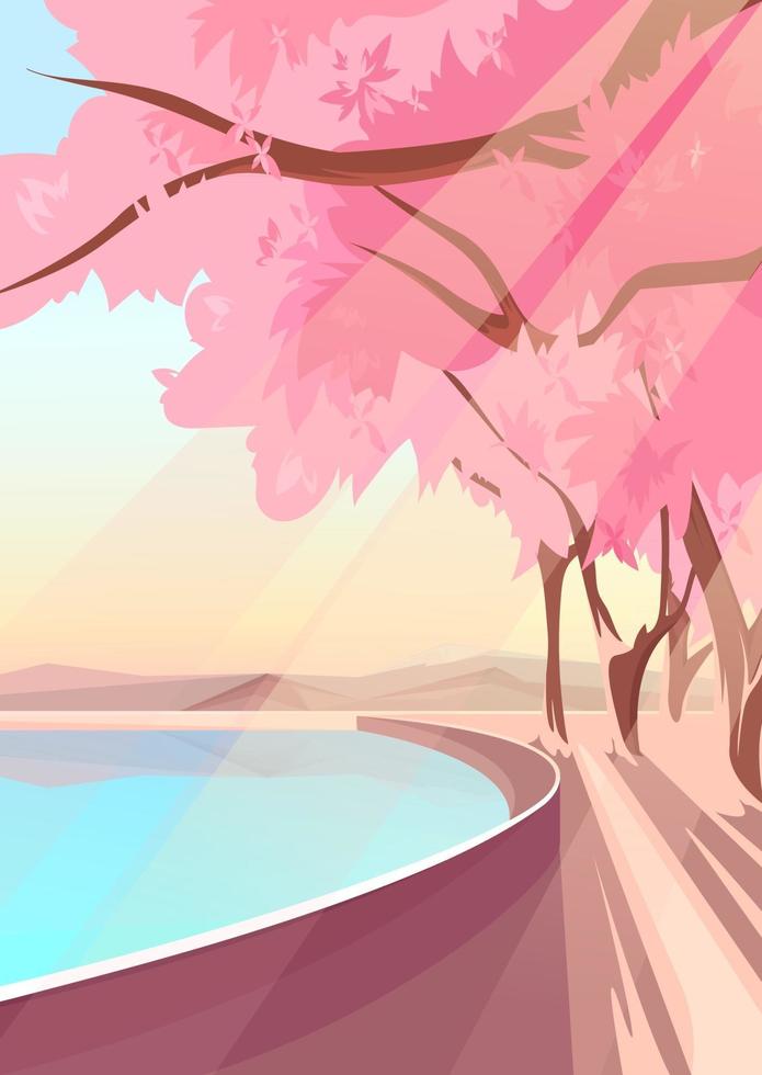 Blooming sakura on lake bank. Nature landscape in vertical orientation. vector