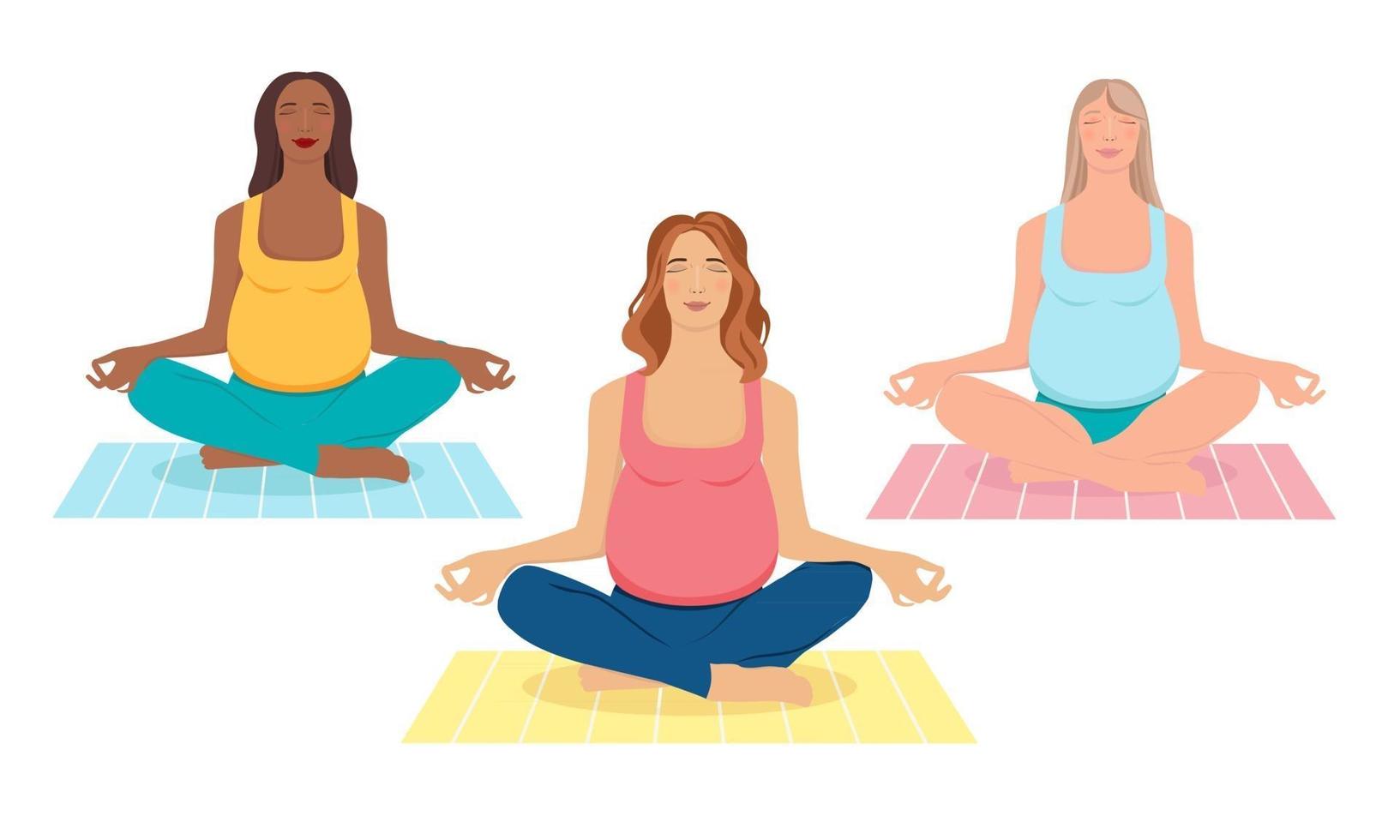 Ilustración del concepto de yoga prenatal, meditación, relajación, estilo de vida saludable. mujeres embarazadas meditando en la naturaleza. ilustración en estilo de dibujos animados plana. vector