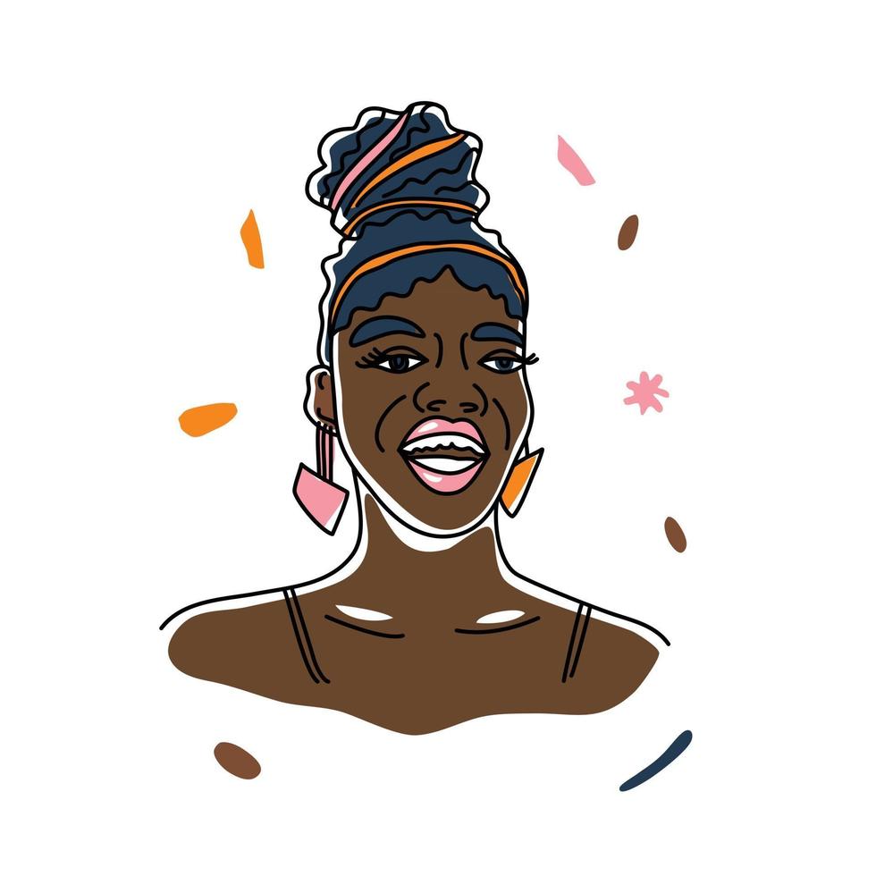 retrato hermosa sonrisa mujer africana, derechos humanos, lucha contra el racismo. arte lineal, estilo minimalista. Ilustración del mes de la historia negra. vector