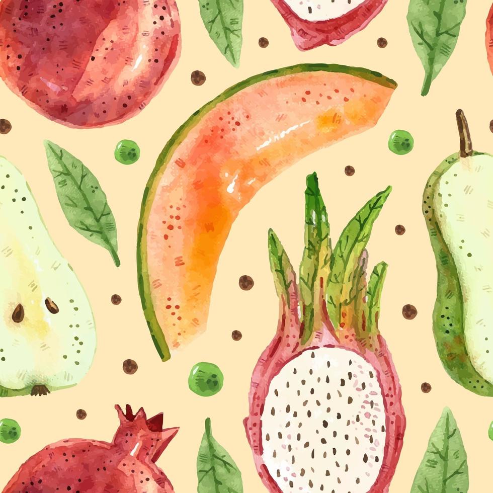 Dragon fruit melon pear pomegranate watercolor seamless pattern texture tropical summer illustration packaging design wrapping paper easy to change background vector