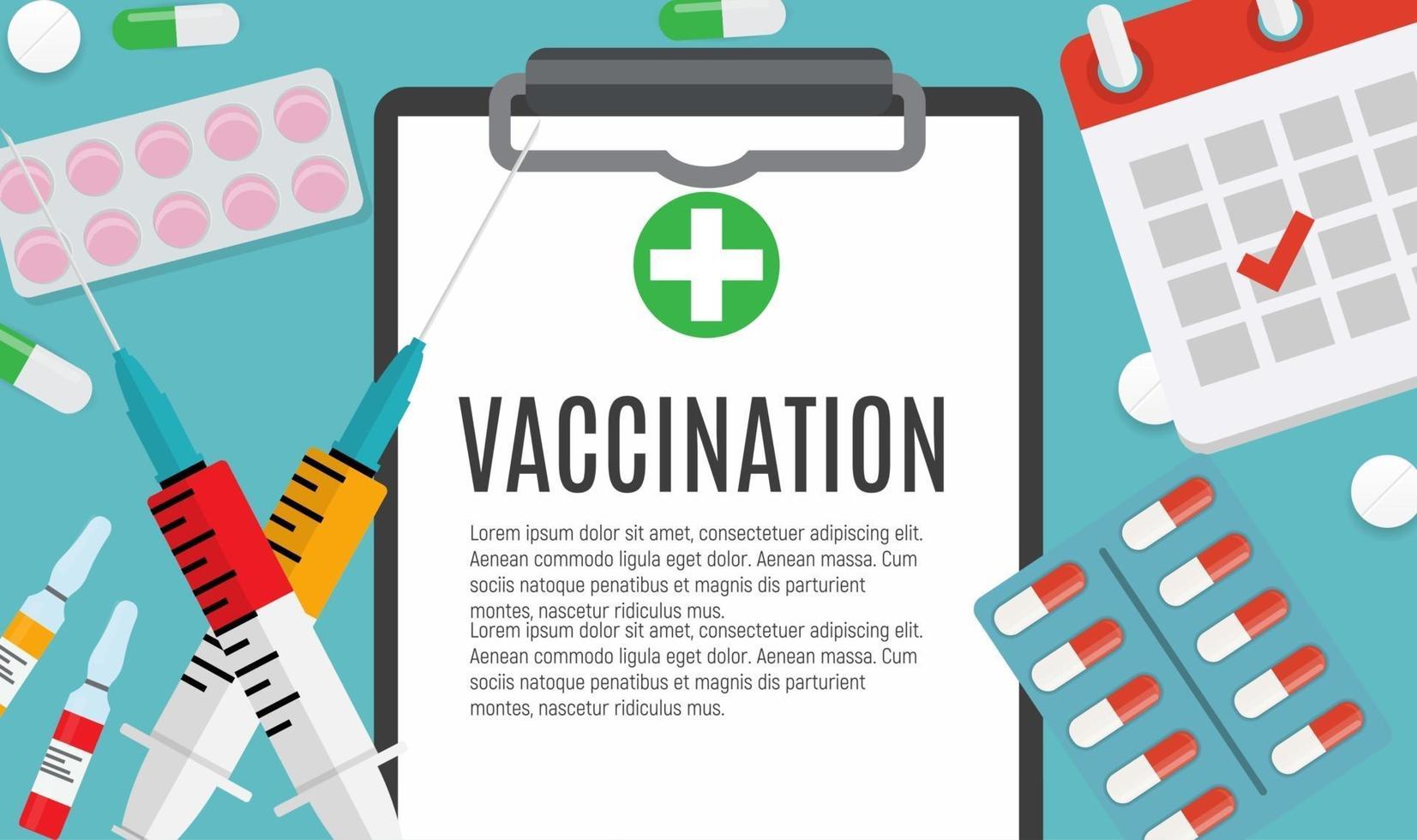 Vaccination concept flat background. Medical awareness flu, polio influenza poster. Vector Illustration