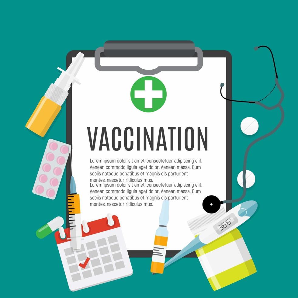 Vaccination concept flat background. Medical awareness flu, polio influenza poster. Vector Illustration