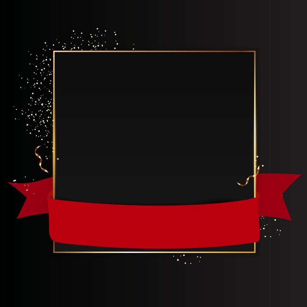 Abstract Black Background with Golden Frame and Red ribbon. Vector Illustration