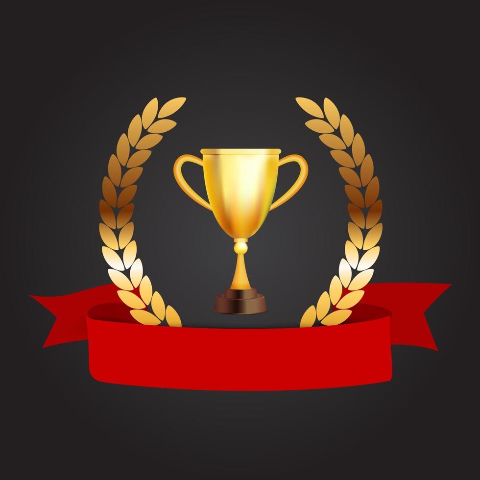 Winner trophy gold cup with Laurel wreath. Vector Illustration