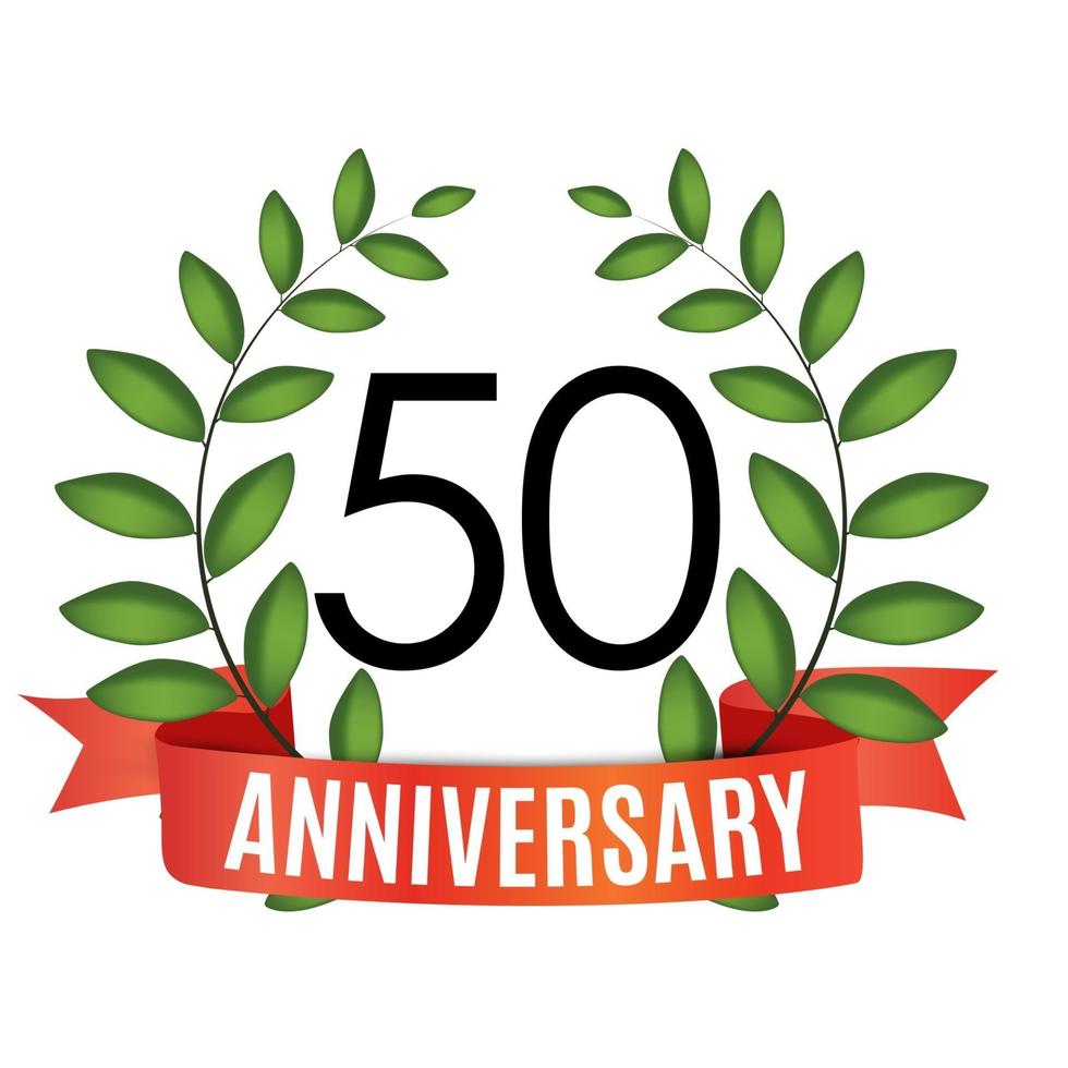 50 Years Anniversary Template with Red Ribbon and Laurel wreath Vector Illustration