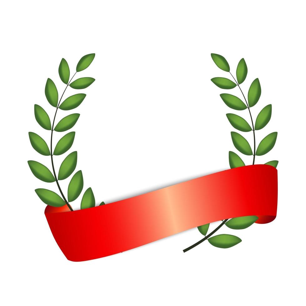 Laurel wreath with red ribbon isolated on white background. Vector Illustration