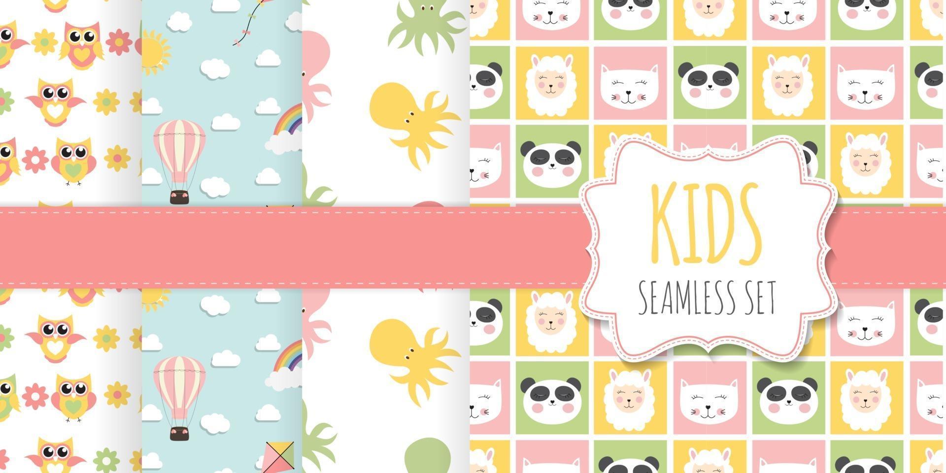 Collection of Kids Seamless Pattern Backgrounds with Cute animals and  rainbow, sun, cloud, kite and balloon. Vector Illustration