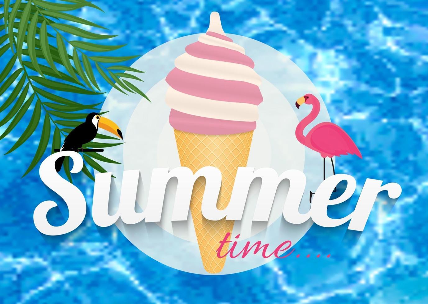 Abstract Summer Time Background with Flamingo and Toucan. Vector Illustration