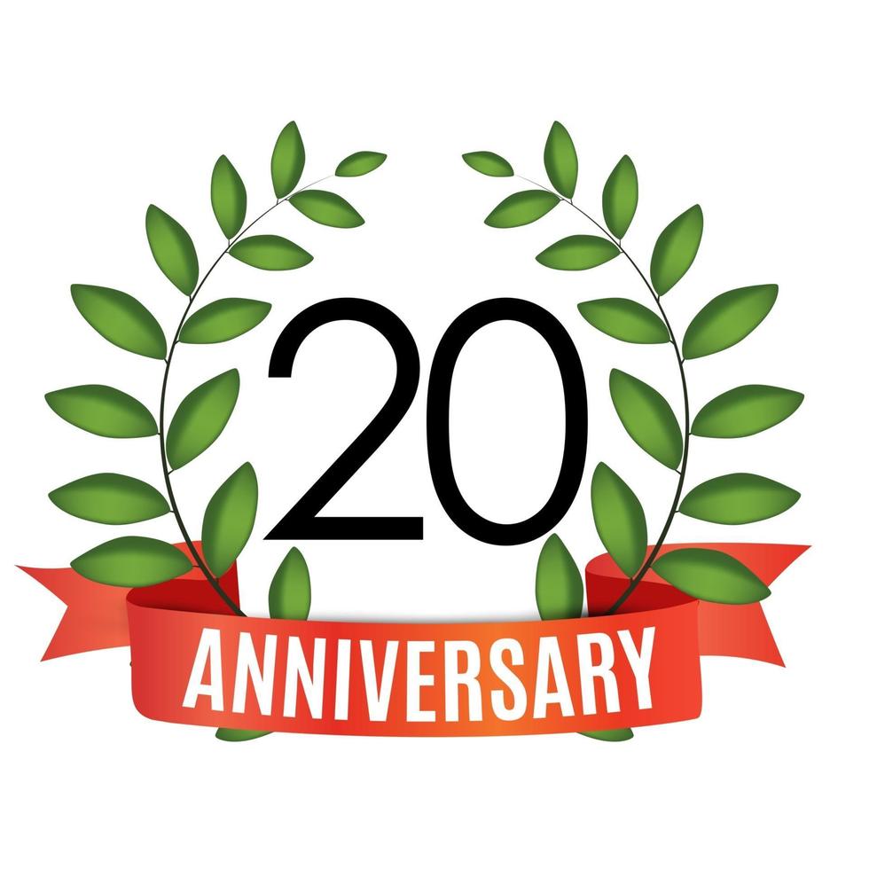 20 Years Anniversary Template with Red Ribbon and Laurel wreath Vector Illustration