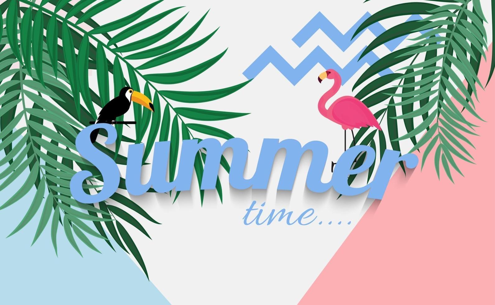 Abstract Summer Time Background with Flamingo and Toucan. Vector Illustration